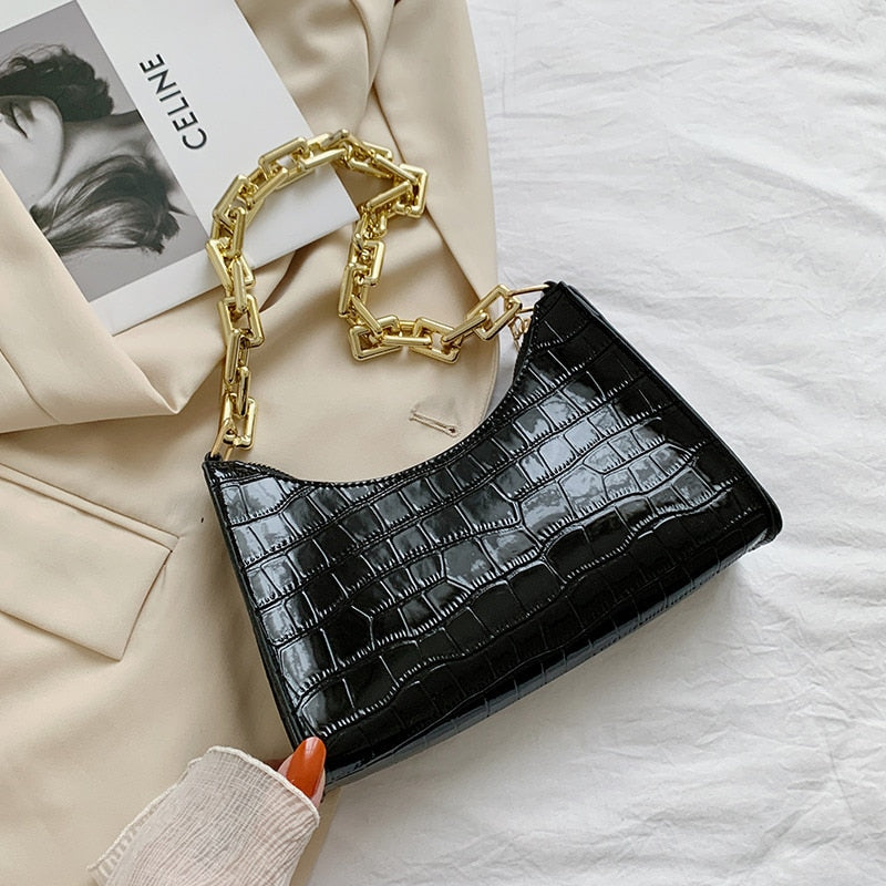 Crocodile Pattern Zipper Handbags New Fashion Texture Embossed Lacquer Shoulder Bag Simple and Small Square Bags for Women