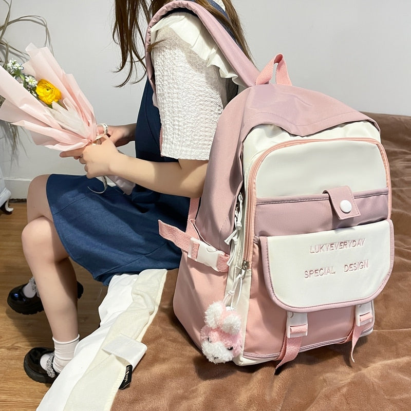 DCIMOR New English Embroidery Waterproof Nylon Women Backpack Female Cute Contrast Color Travel Bag Kawaii Girl Schoolbag Preppy