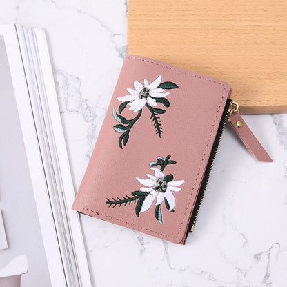 Women&#39;s Short Embroidered Flower Zipper Simple Student Coin Purse Thin Multi-card Fashion Wallet Women Handbag