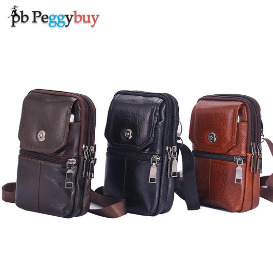 Multifunction Men Cowhide Leather Small Phone Bags Solid Color Zipper Mini Crossbody Bag Outdoor Male Messenger Bag Handbag