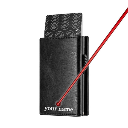 Men Credit Card Holder RFID Blocking Genuine Leather Magnetic Closure Pop Up Card Wallet with ID Window and Coin Pocket