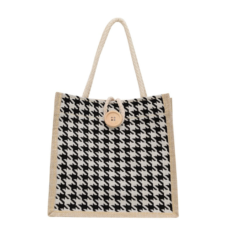 Fashion Houndstooth Printed Commute Small Lunch Handbags Women&#39;s Canvas Shoulder for Female Bento Beach Shopping Tote Bags