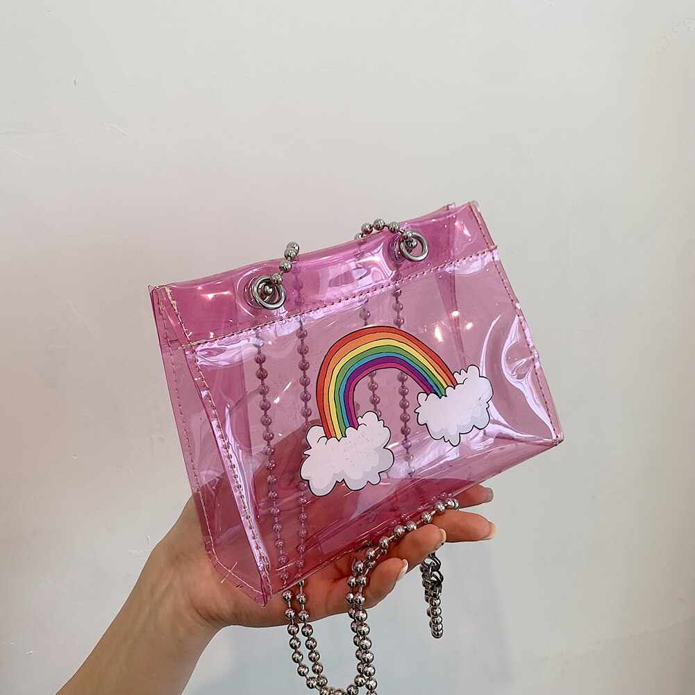 Cartoon Rainbow PVC Shoulder Bags Women Clear Casual Chain Small Jelly Bags Crossbody Handbags for Girl Purse Messenger Hand Bag