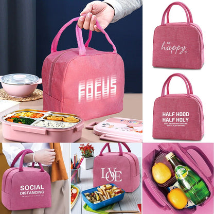 Lunch Bag Handbag Women Lunch Thermal Organizer Children Insulated Canvas Cooler Tote Bags Text Print Waterproof Picnic Packet