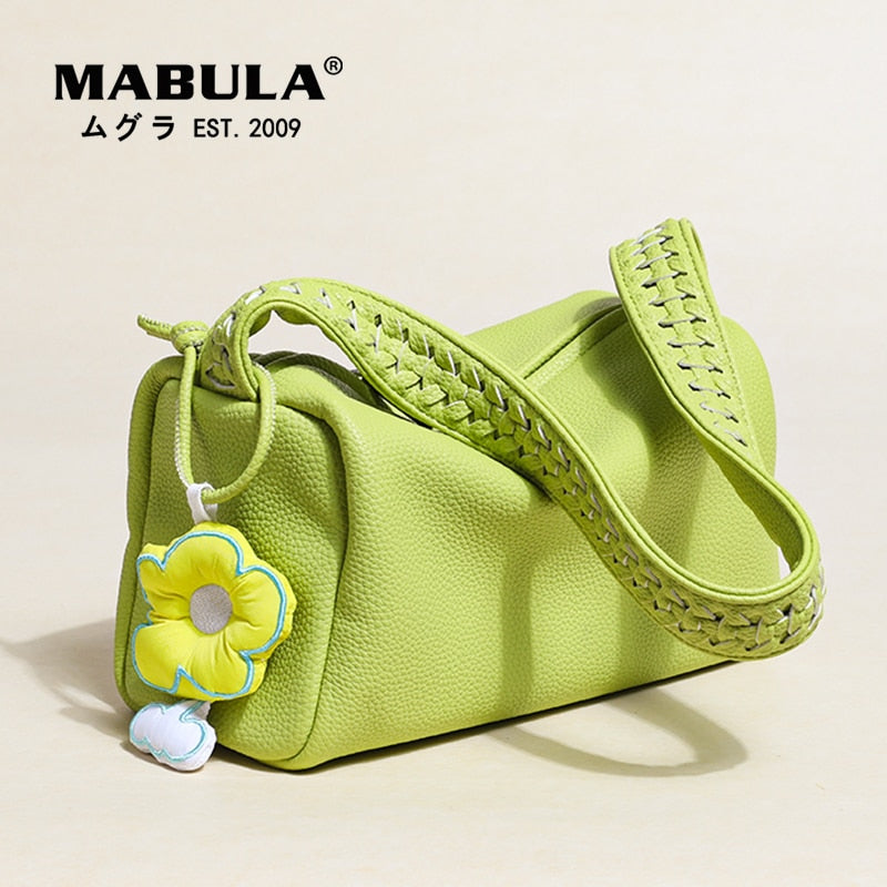 MABULA Soft Leather Underarm Bags Casual Plaited Strap Women Shoulder Bags Flower Tassel Cute Summer travel Small Tote Handbag