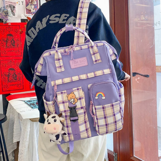 Vintage Casual Women Plaid Purple Backpacks New Fashion Black Cow Pattern Travel Bag for Teenager Girls Backpack School Bag