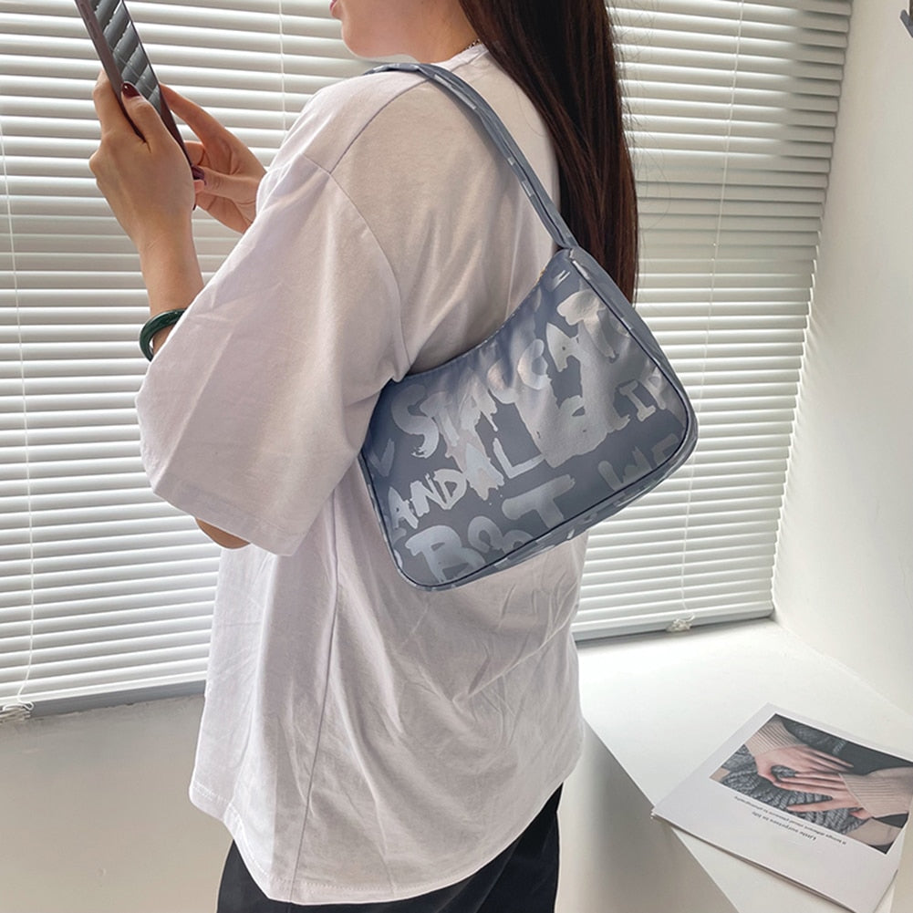 Ladies Shoulder Underarm Bags Tote Casual Nylon Women Daily Small Handbags Vintage Letters Printing Female Simple Shoulder Bags