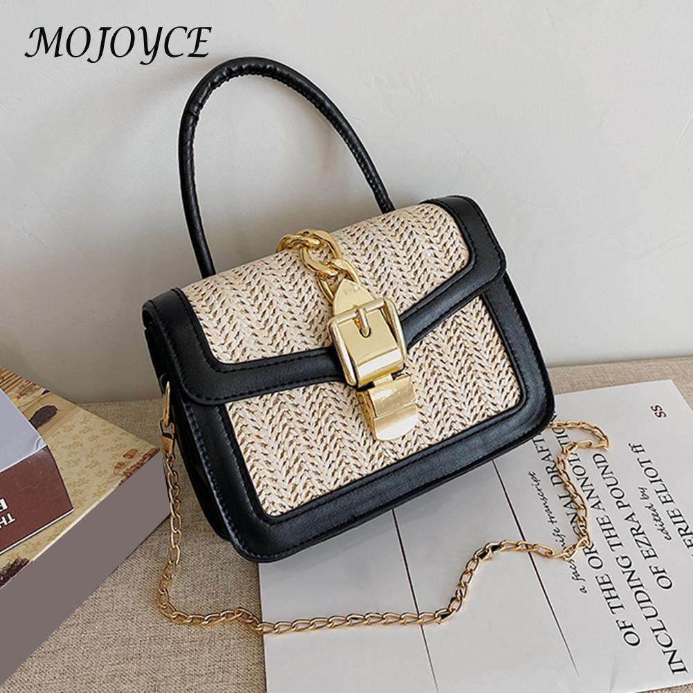 Retro Women Bag Woven PU Stitching Messenger Casual Ladies Beach Chain Handbag Summer Beach Bag Rattan Tote Square Box