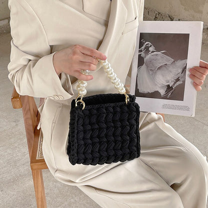 Fashion Rope Knitting Women&#39;s Handbags Luxury Pearls Chains Tote Brand Crochet Handbags and Purses Designer Woven Bags for Women