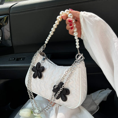 Retro Women&#39;s Handbag Black and White Flower Bubble Jacquard Underarm Bag Fold Handbag Simple Shoulder Bag Hot Pearl Chain Bags