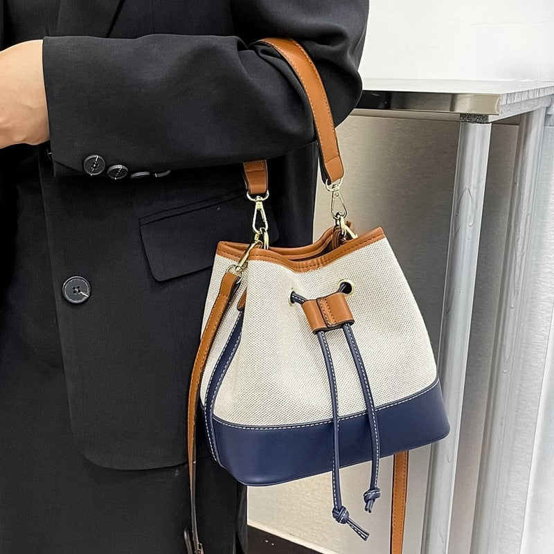 Women&#39;s Bags Large-capacity Bucket Handbags Drawstring Canvas PU Splice Crossbody Totes Fashion Female Korean Style Shoulder Bag