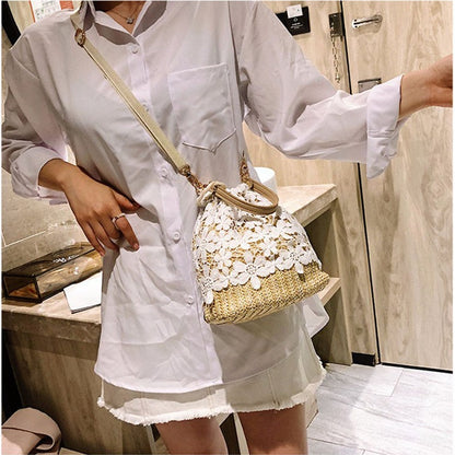 Women&#39;s Crossbody Bag Bohemian Summer Straw Beach Bags Lace Female Handbag Pearl Shoulder Messenger Bags Drawstring Bucket Bag