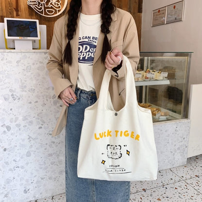 Women&#39;s Canvas Tote Bags Korean Students Shoulder Cotton Cloth Shopping Bag Eco Shoppers Cartoon Tiger Female Handbag for School