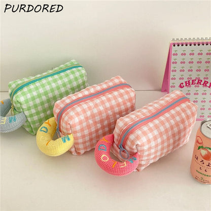 PURDORED 1 Pc Cute Plaid  Makeup Bag for Women Zipper Candy Color Girl  Cosmetic Bag Travel Make Up Pouch Student Pencil Bag