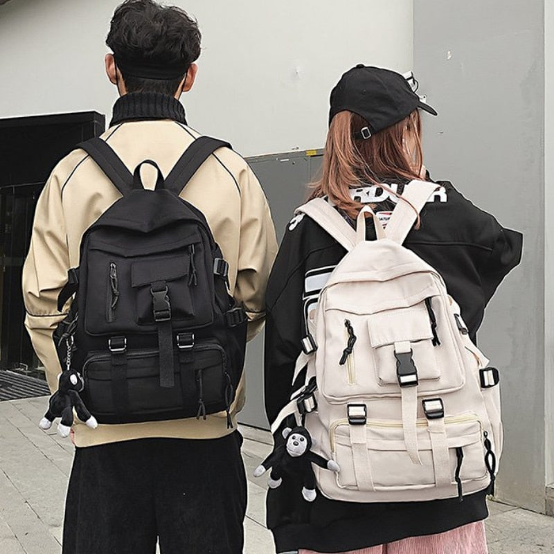 Preppy Style Black Backpack Unisex Women Men Backpack Nylon Waterproof Multi-Pocket Design Mochilas Teenagers Shoulder Bag