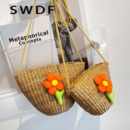 SWDF New Popular Bag Women&#39;s Fashion Bags Summer Small Vacation Bag Beach Bag Crossbody Straw Basket Bag Bucket Bag Shoulder Bag