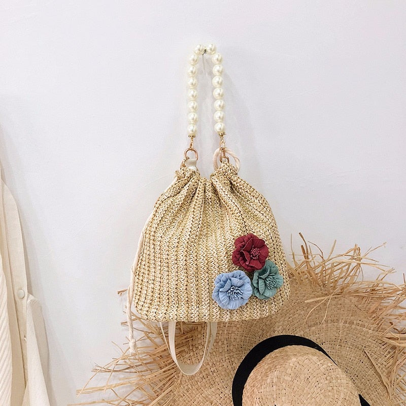 Women&#39;s Crossbody Bag Bohemian Summer Straw Beach Bags Lace Female Handbag Pearl Shoulder Messenger Bags Drawstring Bucket Bag