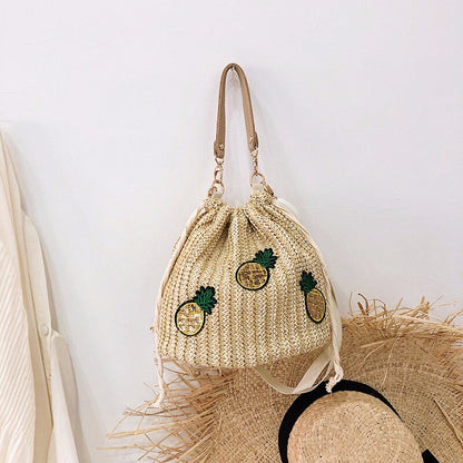 Women&#39;s Crossbody Bag Bohemian Summer Straw Beach Bags Lace Female Handbag Pearl Shoulder Messenger Bags Drawstring Bucket Bag