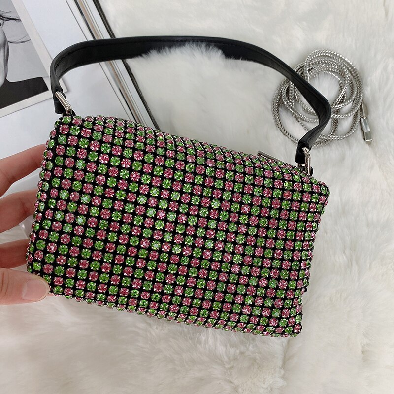 Crystal Rhinestone Evening Crossbody Bags for Women Luxury Brand Bling Purse Mini Top Handle Handbag Chain Mesh Clutch for Party