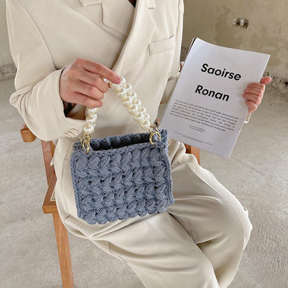 Fashion Rope Knitting Women&#39;s Handbags Luxury Pearls Chains Tote Brand Crochet Handbags and Purses Designer Woven Bags for Women