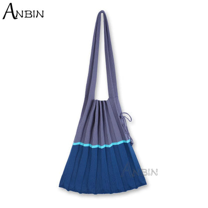 Women Shoulder Bag Knitted Fabric Colour Blocking Design Pleated Bags Woolen Cloth Handbag Foldable Strapped Tote For Female