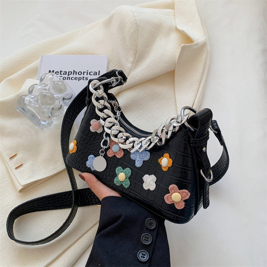 Retro Casual Shopping Bag Fashion Flowers Women Totes Shoulder Bags Female Quality Leather Solid Color Chain Handbag for Women