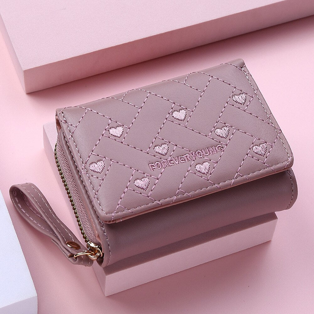 Cute Leather Small Wallet Women Luxury Brands Mini Purse Luxury New Heart Short Pink Wallets for Teen Girls Kids Christmas Gift