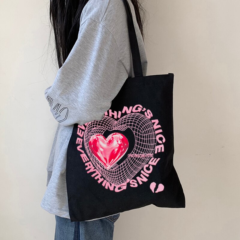 Y2k Heart Printing Tote Bags for Women Harajuku Resuable Eco Shopping Bag Linen/cotton Unisex Aesthetic Shopper Bag Bolso Mujer