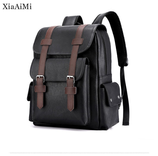 Men&#39;S Waterproof And Wear-Resistant Backpack Black Brown Pu Soft Surface Large-Capacity Student Bag Laptop Fashion Casual Bag