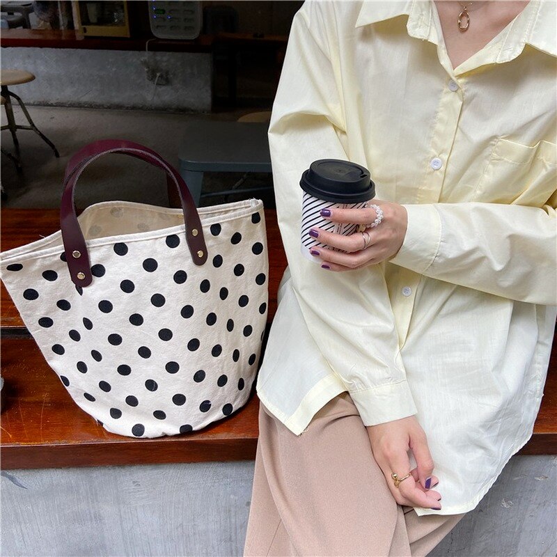 French Retro Dot Women Canvas Handbags Fashion Smiley Ladies Picnic Bucket Bag Reusable Cotton Portable Lunch Box Bags Purses