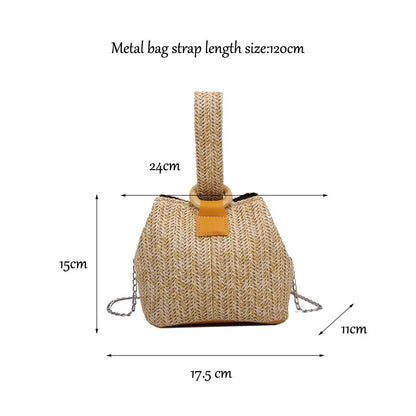 Women Straw Braid Shoulder Bag Woven Bucket Handbags Small Square Bag Khaki Straw Bag Casual Vacation Bags For Lipstick Phone