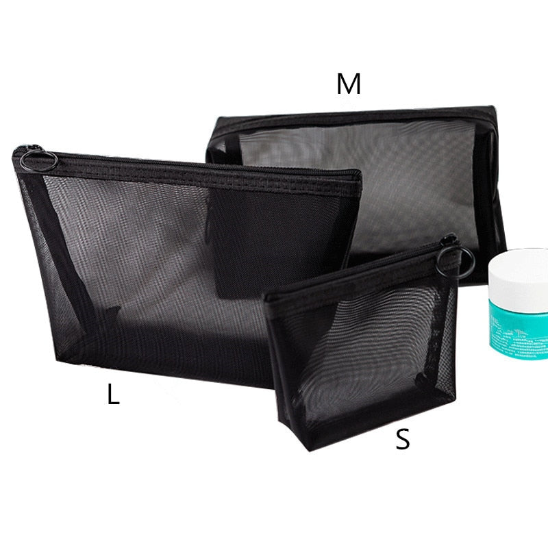 Women Transparent Black Mesh Cosmetic Bag Travel Small Large Makeup Pouch Case Zipper Toiletry Beauty Storage Pouch Organizer