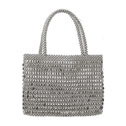 New Handwoven Beaded Women&#39;s Shoulder Bag Fashion Retro Metal Shiny Female Handbag Designer Sequin Pearl Drawstring Shopping Bag