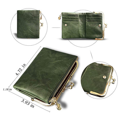 Women Wallet Short Bifold Retro Multifunction Coin Purse with Zip and Kiss Lock Green PU Leather Female Short Purses Wallets