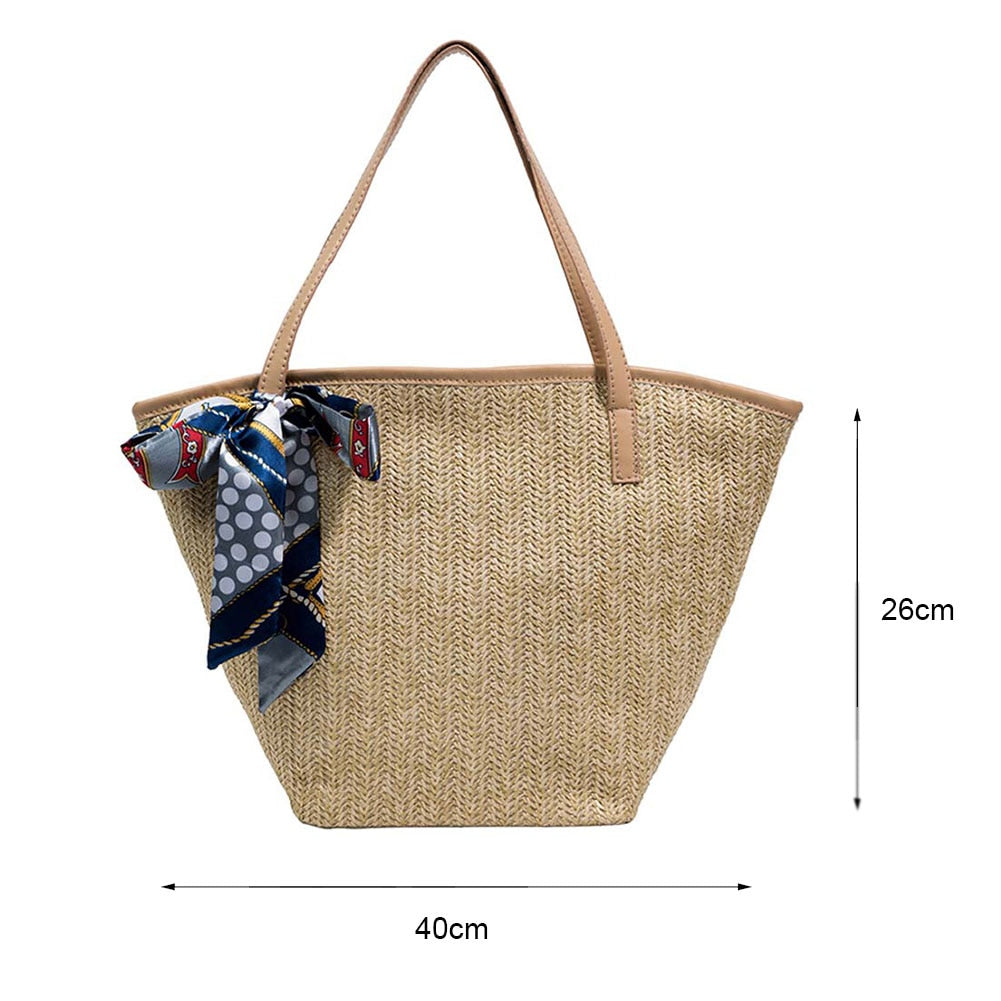 Summer Beach Straw Handbags with Silk Scarf Casual Large Capacity Ladies Daily Totes Bags Fashion Woven Women Shoulder Bags