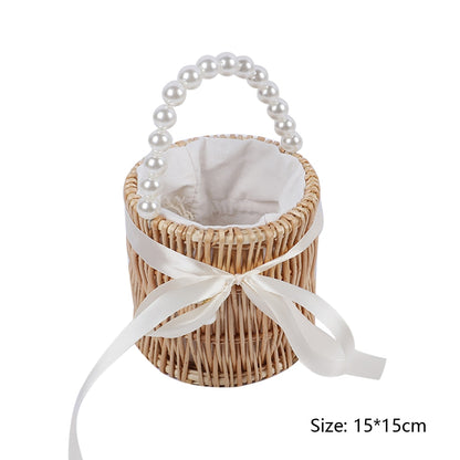 Casual Summer Rattan Woven Women Shoulder Crossbody Bags Fashion Pearl Chain Basket Drawstring Ladies Small Top-handle Handbags