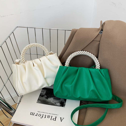 Pleated Cloud Handbags Fashion Women Shoulder Bags Pearl Handle Small Messenger Bags Casual PU Leather Female Crossbody Bags