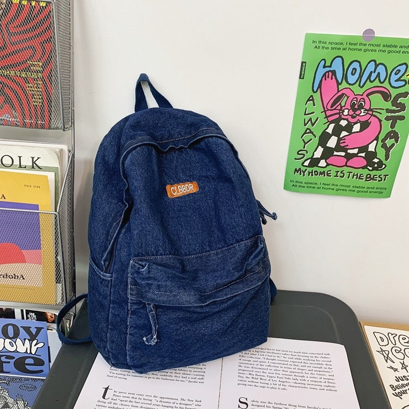 Female Casual Denim Big Capacity Backpack Back To School 90s Fashion Y2K Travel Casual Street Cloth Textile Book Laptop Rucksack