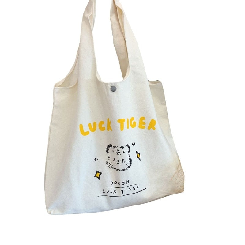 Women&#39;s Canvas Tote Bags Korean Students Shoulder Cotton Cloth Shopping Bag Eco Shoppers Cartoon Tiger Female Handbag for School