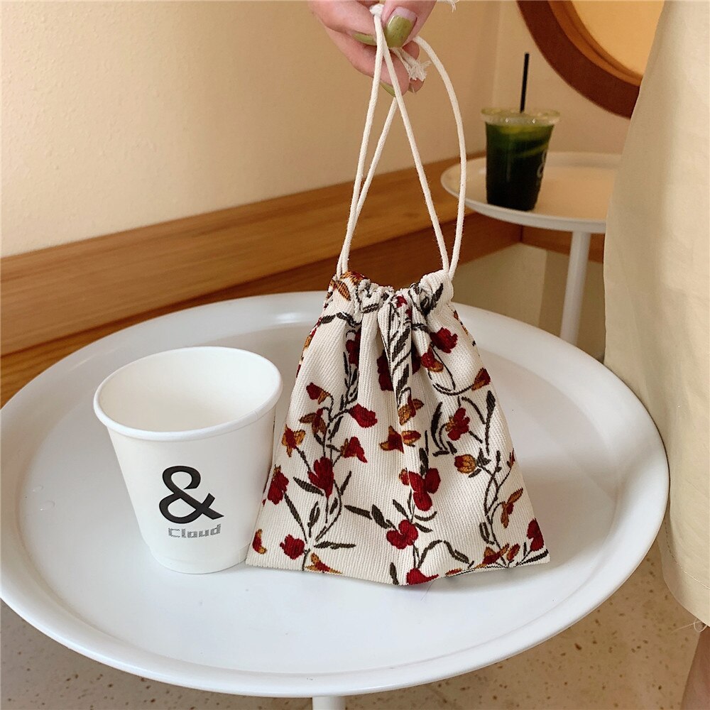 Retro Grid Floral Makeup Toiletry Drawstring Bags Women Finishing Storage Pouch Korea Ins Cosmetic Bag Gift Jewelry Organizer