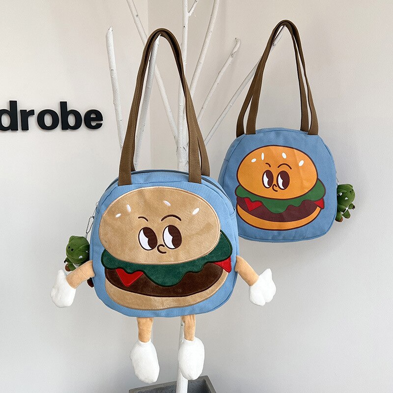 Kawaii Hamburger Shoulder Bag for Girls Large Capacity Canvas Doll Handbag Student Book Organizer Creative Cute Shopping Bags