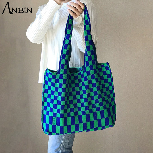 Women Checkered Shoulder Bag Woolen Knitted Female Fashion Classic Vintage Clash Color Large Capacity Casual Shopping Bags Tote