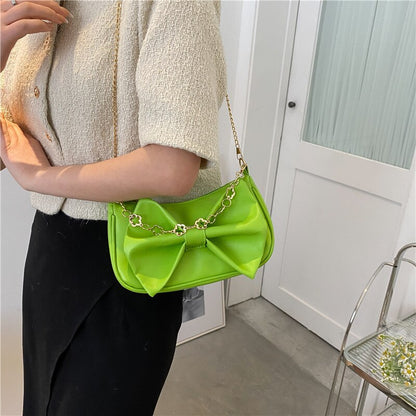 Women&#39;s Vintage Bow Crossbody Bag PU Leather Underarm Bag Fashion Retro Simple Small Messenger Chain Bag Purses Handbags