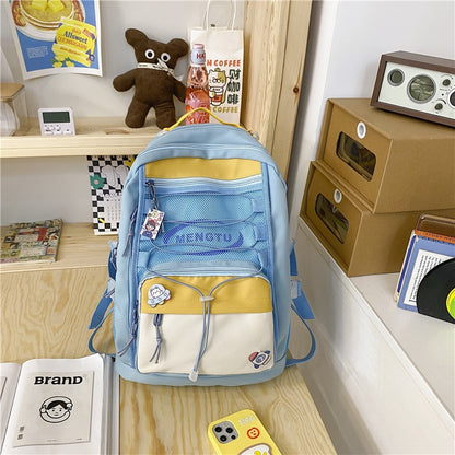 DCIMOR New Panelled Nylon Women Backpack Fashion Girl Badge Waterproof Travel Mesh College Bookbag Kawaii Drawstring School Bag