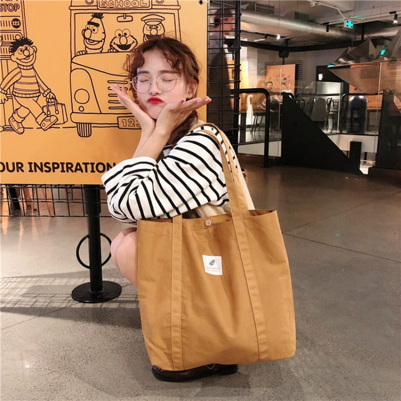 New Retro Women&#39;s Shoulder Bag Simple Solid Color Small Fresh Canvas Bag Literary Women&#39;s Buckle Tote Bag Large Capacity Handbag