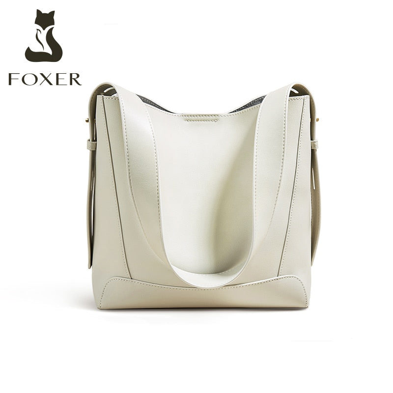 FOXER Lady Shoulder Messenger Bags Office Commuter Purse Split Leather Women Bucket Bag Retro Large Capacity Handbag Wide Strap