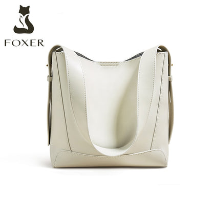 FOXER Lady Shoulder Messenger Bags Office Commuter Purse Split Leather Women Bucket Bag Retro Large Capacity Handbag Wide Strap