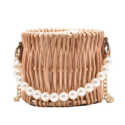 Casual Summer Rattan Woven Women Shoulder Crossbody Bags Fashion Pearl Chain Basket Drawstring Ladies Small Top-handle Handbags