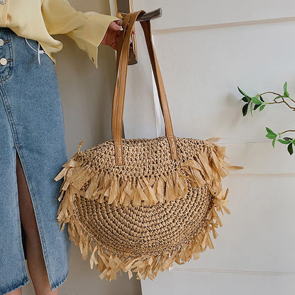 Shoulder Bags Semicircle Casual Woven Handbags Shoulder Bag Women Female Summer Rattan Handmade Tassel Handbag