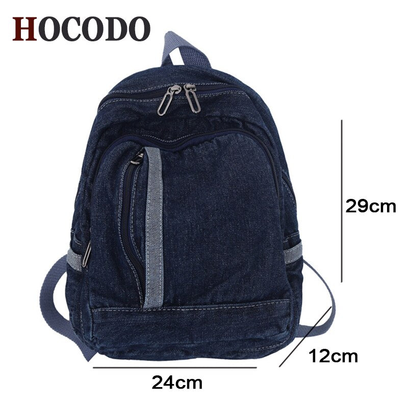 HOCODO Solid Color Backpack Female Fashion Travel Backpack For Teenage Multi Pocket Women Backpacks Denim School Bag Unisex